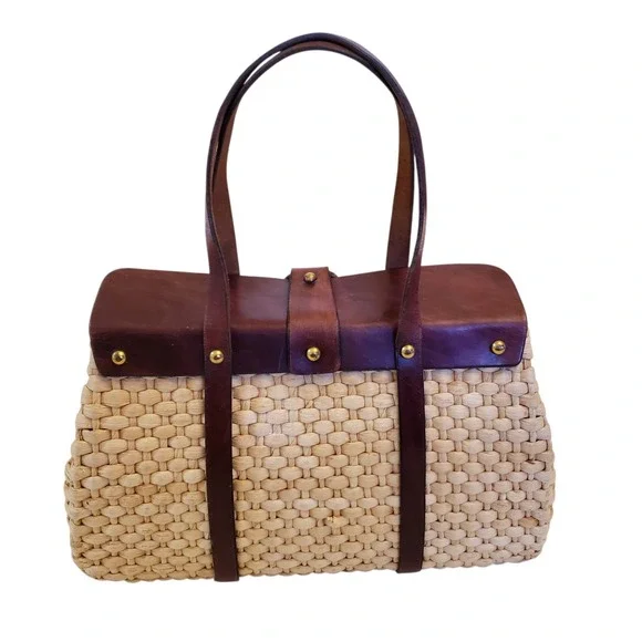 Etienne Aigner Vintage Woven Straw Double Handle Purse, Leather & Brass Details - Picture 7 of 16